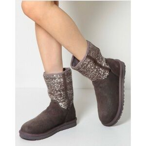UGG Women's Lyla Leather / Knit
Sequin Embellished Snow Boots Lilac Gray Size 6